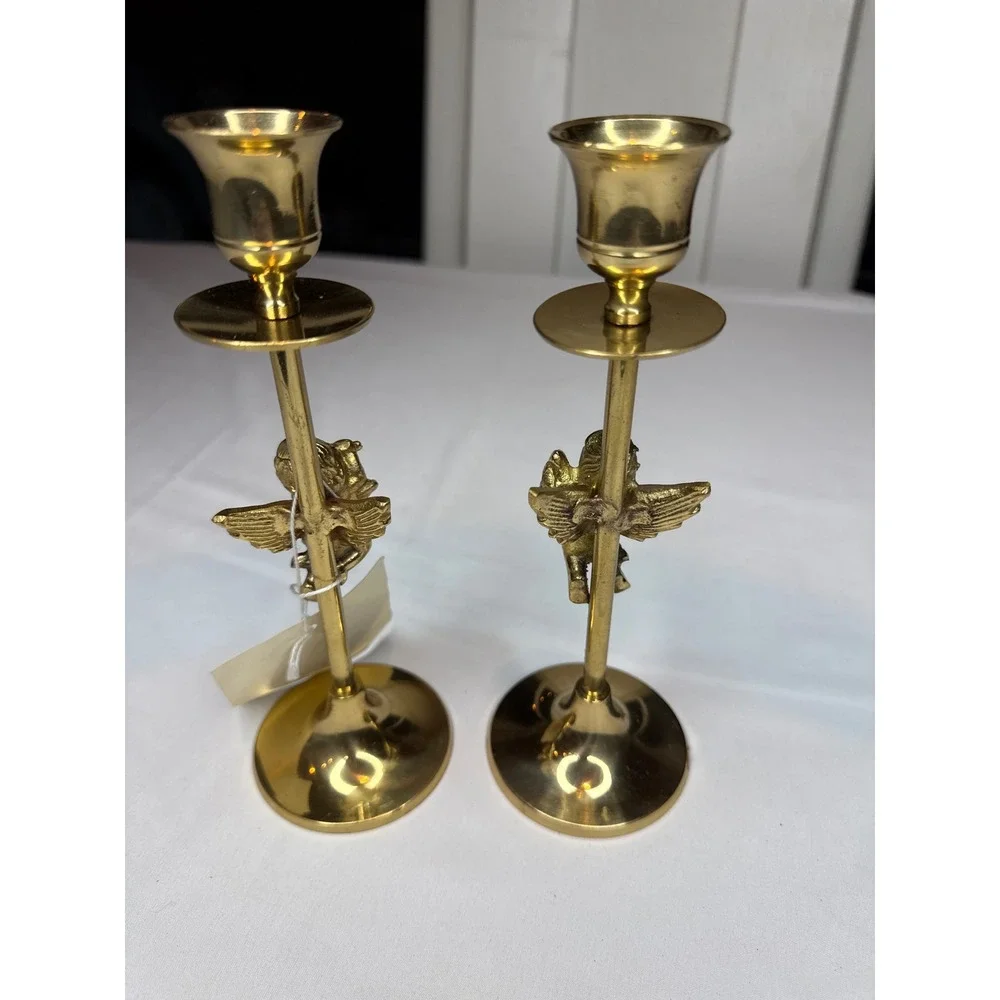 H&G Brass Cherub Angel Candlestick Holders Set of 2 Vintage Gold Taper Holders